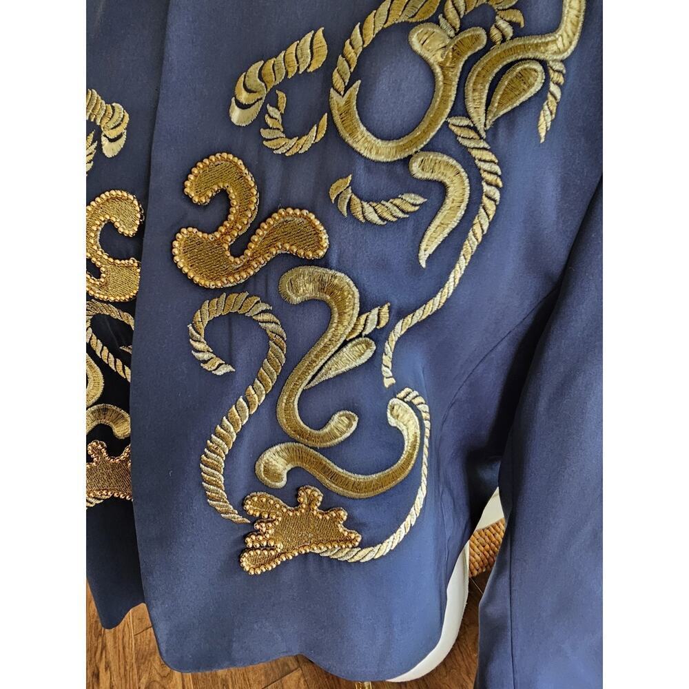 Mondi Vintage Blue Gold Embroidered Cropped Blazer Women's Size 44 Nautical - Picture 2 of 11